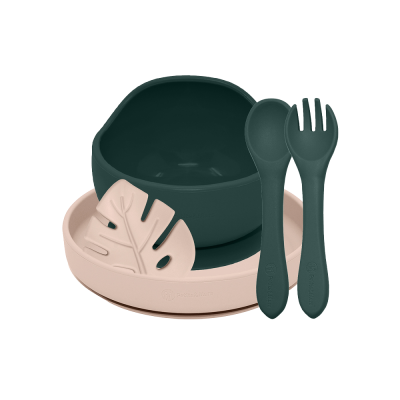 PETITE&MARS Set jídelní silikonový TAKE&MATCH, Misty Green - Desert Sand 6m+, 4 ks