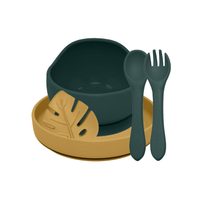 PETITE&MARS Set jídelní silikonový TAKE&MATCH, Misty Green - Intense Ochre 6m+, 4 ks