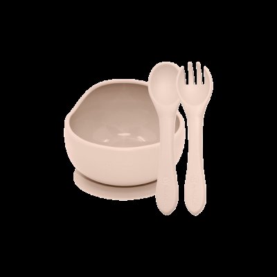 PETITE&MARS Set jídelní silikonový TAKE&MATCH miska + příbor Desert Sand 6m+ 2 ks