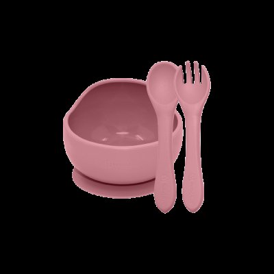 PETITE&MARS Set jídelní silikonový TAKE&MATCH miska + příbor Dusty Rose 6m+ 2 ks