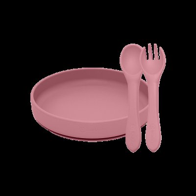 PETITE&MARS Set jídelní silikonový TAKE&MATCH talíř + příbor Dusty Rose 6m+ 2 ks