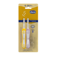 CHICCO Set zubních kartáčků pro děti Lilac-Mustard 6-36m, 2 ks CHICCO Set zubních kartáčků pro děti Lilac-Mustard 6-36m, 2 ks