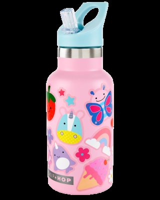 SKIP HOP Láhev s nálepkami se slámkovým náústkem nerezová ružová 4r+, 380 ml