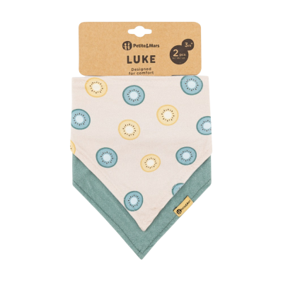 PETITE&MARS Bryndák bandana Luke Beige Kiwis&Misty Green 3m+, 2 ks