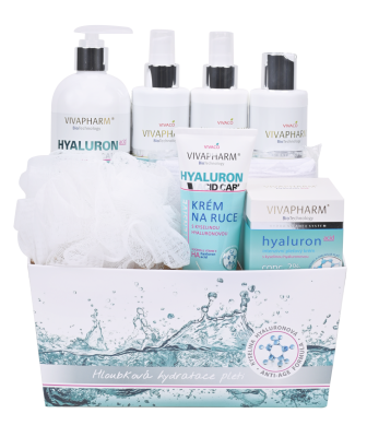 VIVACO Dárkové balení Hyaluron tělové mléko + sg + odličovací mléko + pleťová voda + krém na ruce + pleťový krém + dárky