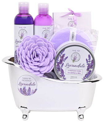 VIVACO Dárkové balení levandule premium - sprchový gel a šampon + sůl do koupele + tělové mléko + zvláčňující krém+ 2x dárek