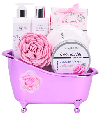 VIVACO Ros2501 Dárkové balení rose water - sprchový gel + tělové mléko + himalájská sůl + zvláčňující krém + dárek