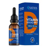 NATIOS Vegan Vitamin D3 & K2 (MK-7), 1000 IU & 50 mcg, Kapky v MCT oleji 30 ml