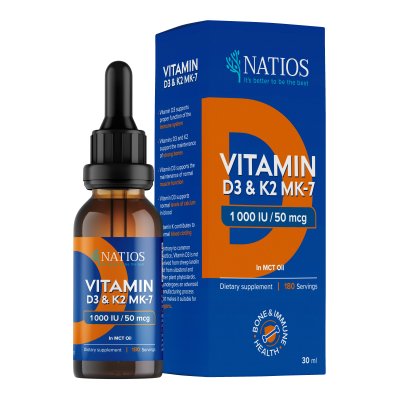 NATIOS Vegan Vitamin D3 & K2 (MK-7), 1000 IU & 50 mcg, Kapky v MCT oleji 30 ml