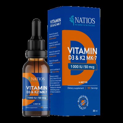 NATIOS Vegan Vitamin D3 & K2 (MK-7), 1000 IU & 50 mcg, Kapky v MCT oleji 30 ml