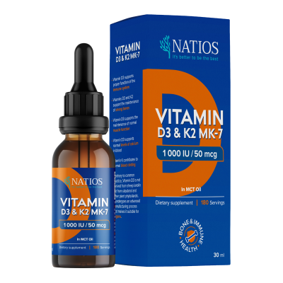NATIOS Vegan Vitamin D3 & K2 (MK-7), 1000 IU & 50 mcg, Kapky v MCT oleji 30 ml