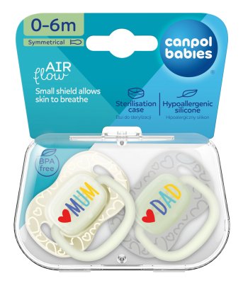 CANPOL BABIES Dudlík svítící silikonový symetrický LOVE MUM&DAD 0-6m 2 ks