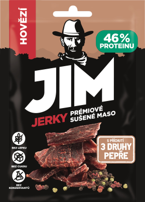 JIM JERKY Sušené hovězí maso, 3 druhy pepře 23 g