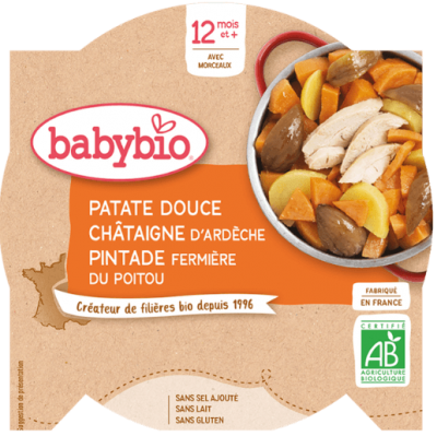 Babybio sladké brambory s kaštanovým pyré a farmářskou perličkou 230 g