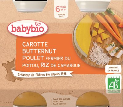BABYBIO mrkev s máslovou dýní, kuřetem a rýží 2x200g