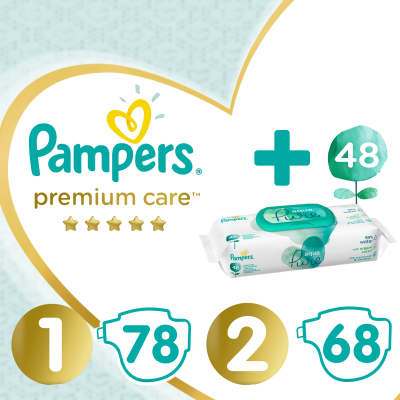 Pampers Premium Monthly Box S1 78ks + S2 68ks + Ubrousky Aqua Pure 48ks