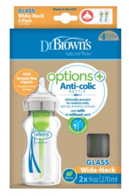 Dr. Brown's Dr.Brown's Kojenecká láhev Options+ SKLENĚNÁ Wide-Neck Anti-colic 270ml 2 ks