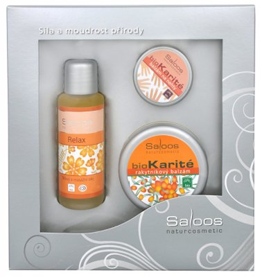 Saloos Relax Relax masážní olej 50 ml + Bio Karité Rakytník balzám 50 ml + Bio Karité balzám na rty 19 ml dárková sada