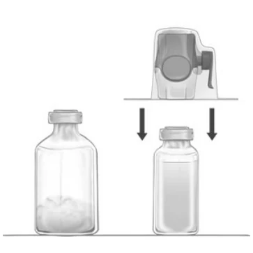 Turn the package around and press the transparent plastic pin through the rubber stopper of the solvent vial.