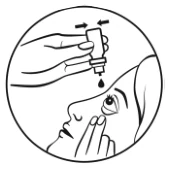 A black and white circle with a hand pouring a drop of eye drops
Description automatically generated